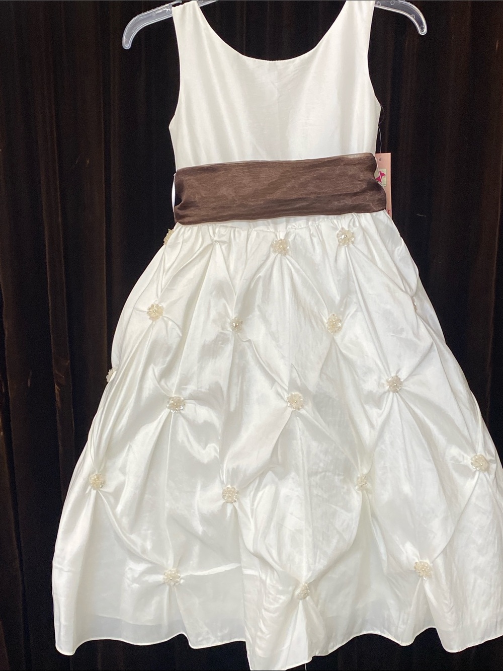 Girls Ivory Taffeta Formal Dress with Brown Sash